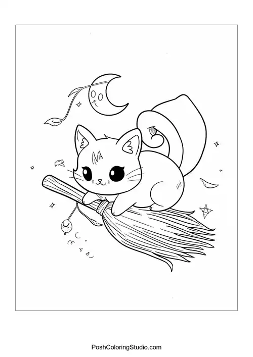A cat sitting on a broomstick with a playful expression.