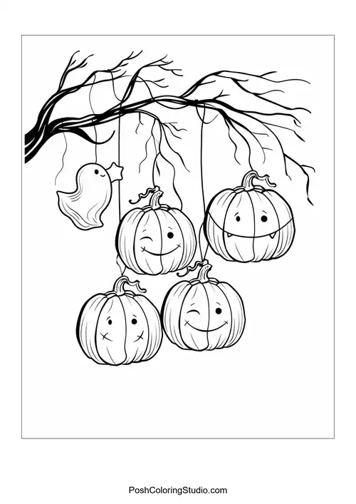 Four pumpkins hanging from a tree branch with faces.