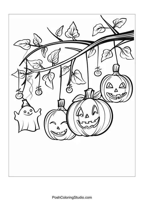 Three pumpkins hanging from a branch with a ghost nearby.