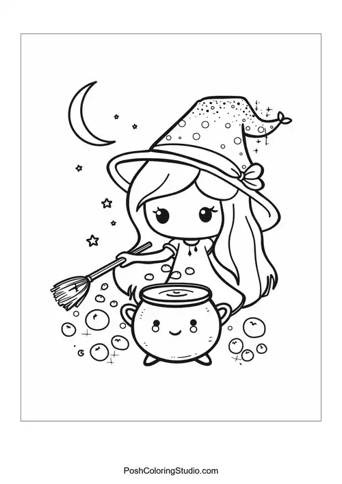 A cute witch stirring a cauldron with stars around her.