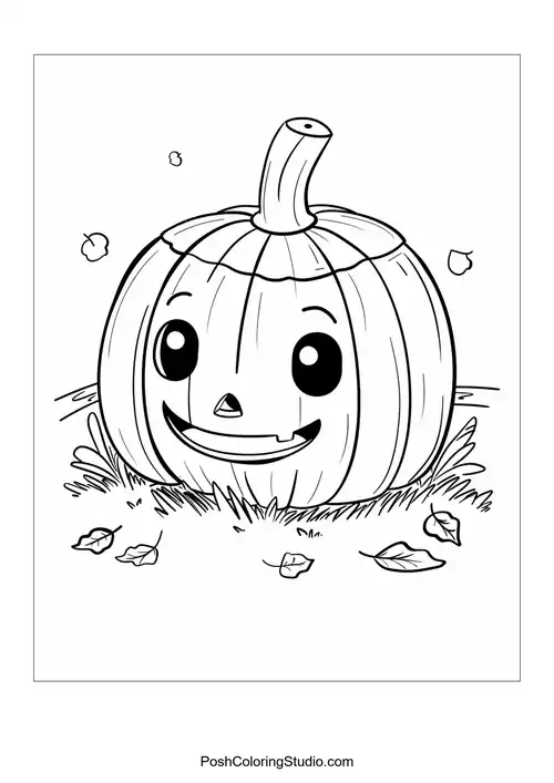 A smiling pumpkin with a stem and leaves on the ground.