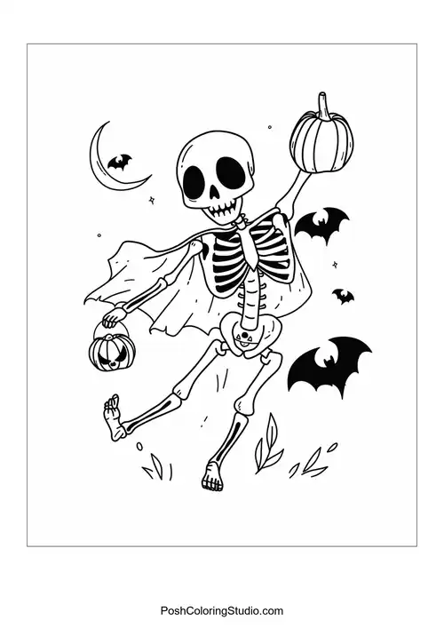A skeleton in a cape holding pumpkins and flying bats.
