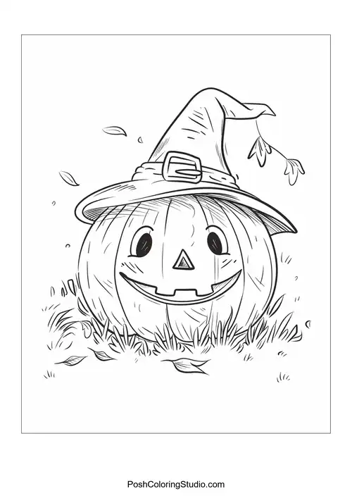 A pumpkin wearing a hat with a happy face and grass.