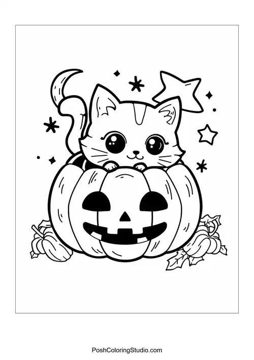 A playful kitten peeking from a carved pumpkin.