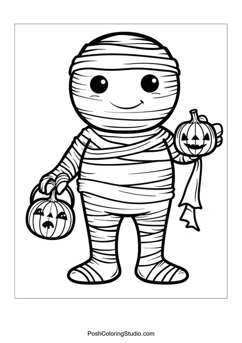 A mummy holding two pumpkins with a friendly expression.
