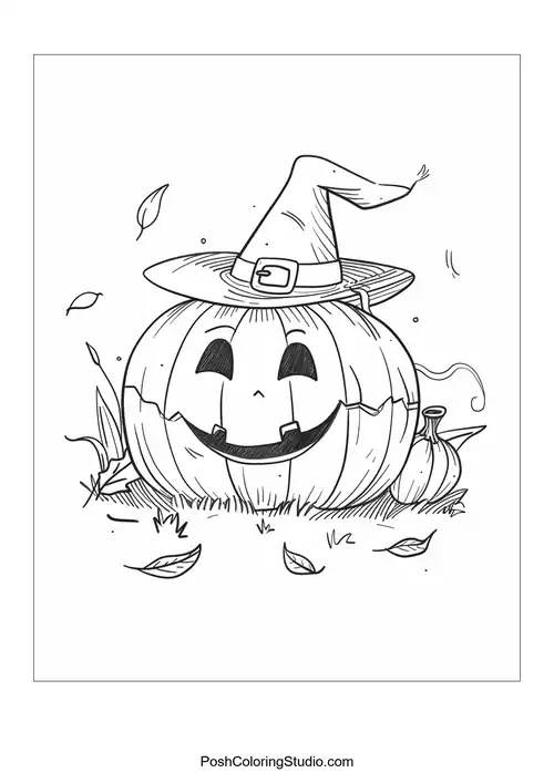 A pumpkin with a hat and a smiling face in grass.