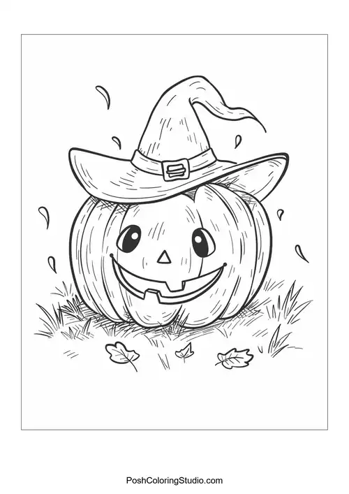 A pumpkin with a big smile and large eyes in grass.