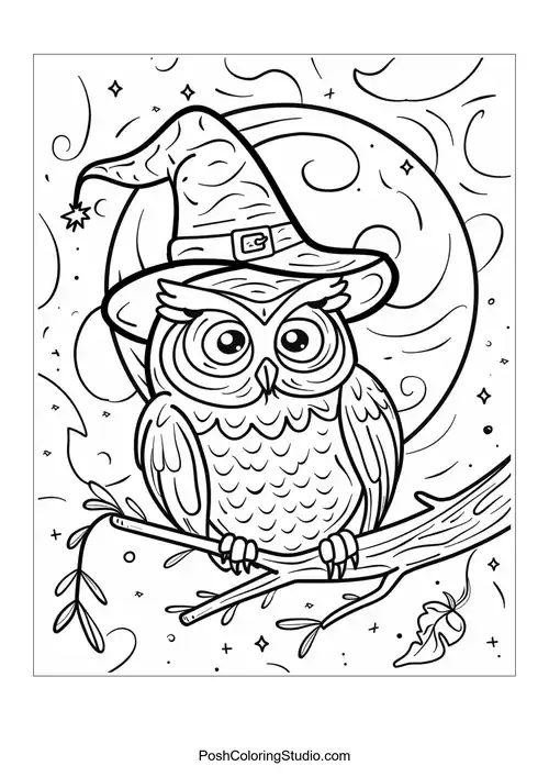 An owl wearing a witch's hat perched on a branch.