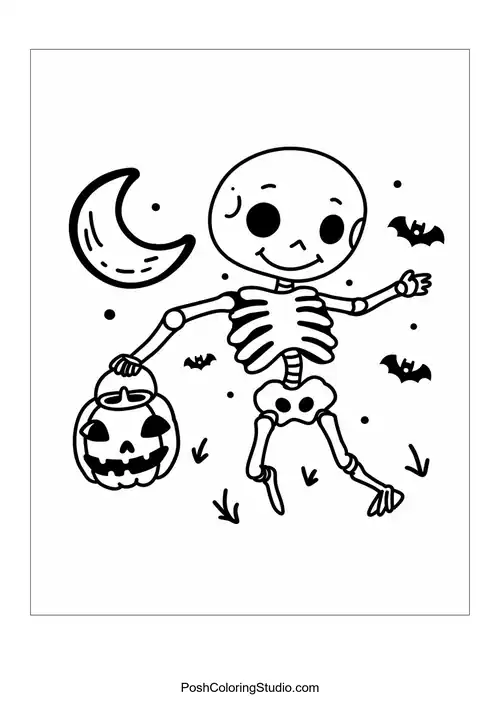 A skeleton waving with a pumpkin beside it under a moon.