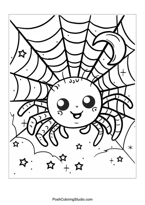 A smiling spider in a web with twinkling stars around it.