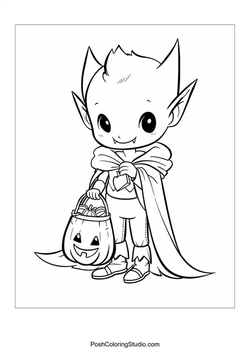 A cute vampire child holding a pumpkin bucket with candy.