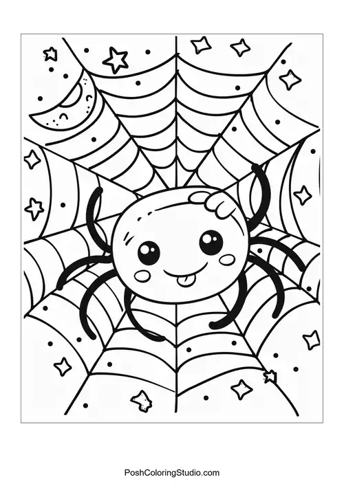 A happy spider waving from its web filled with stars.