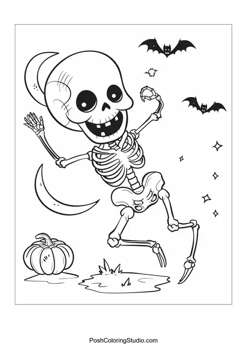 A skeleton dancing joyfully with a pumpkin nearby.