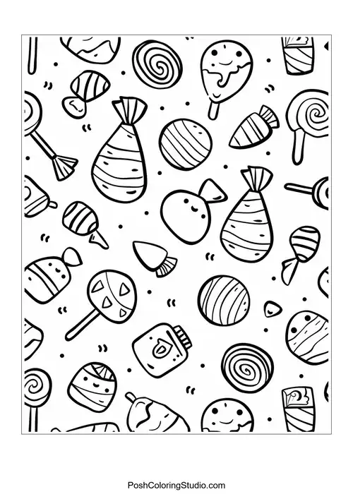 A variety of candies with smiling faces scattered across the page.