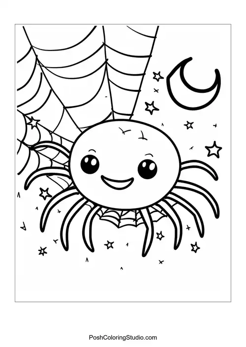 A joyful spider in a web with a crescent moon and stars.