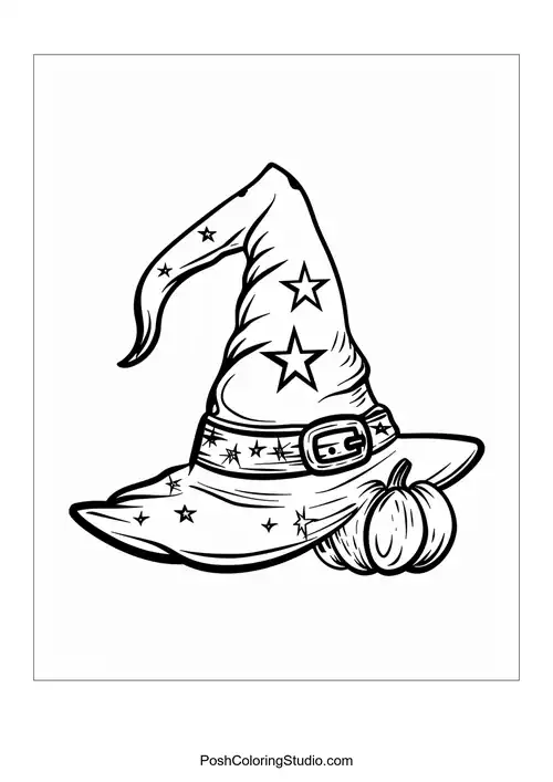 A witch's hat adorned with stars and a small pumpkin.