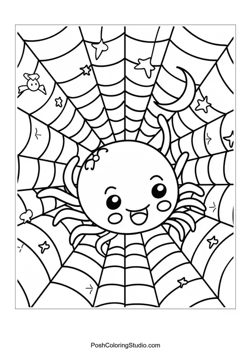 A cheerful spider in a web with a smiling face and stars.