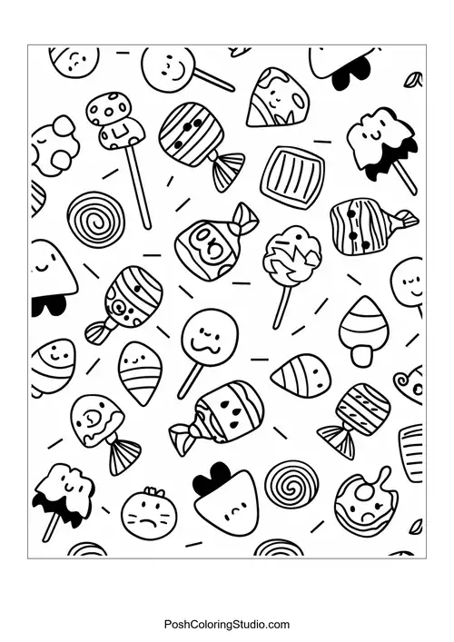 A collection of various candies with different shapes and faces.