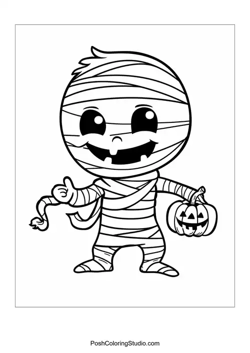 A mummy character wrapped in bandages holding a pumpkin.