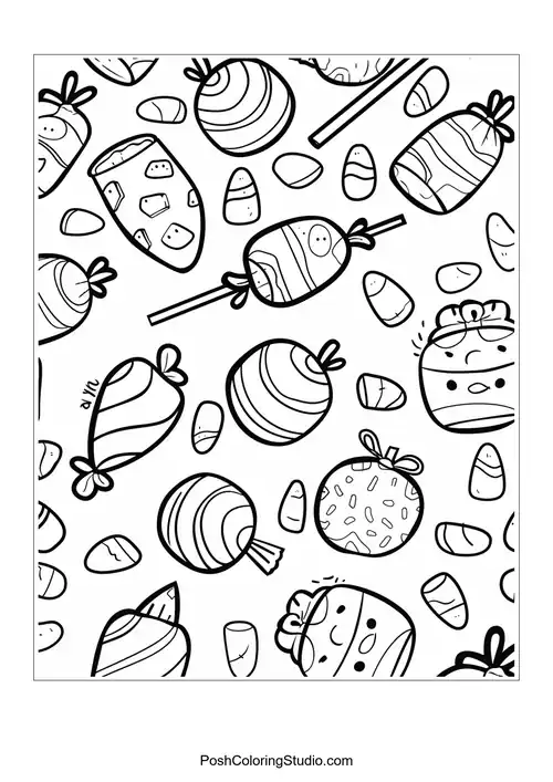 A variety of candies and treats scattered across the page.
