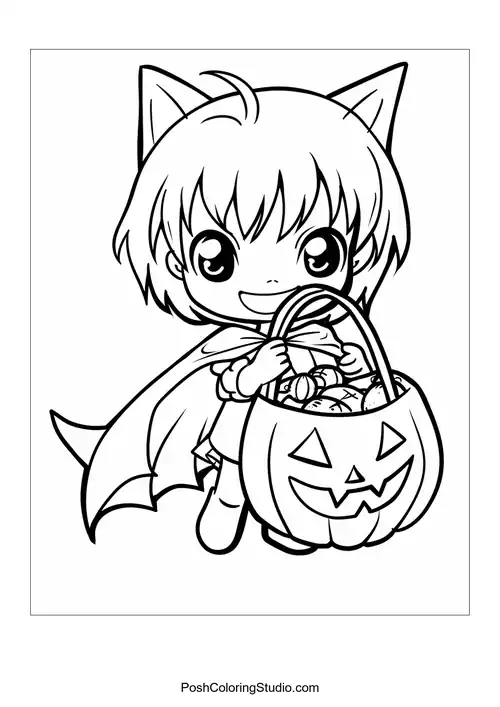 A vampire child holding a pumpkin basket filled with candy.