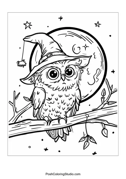 An owl in a witch's hat sitting on a branch under the moon.