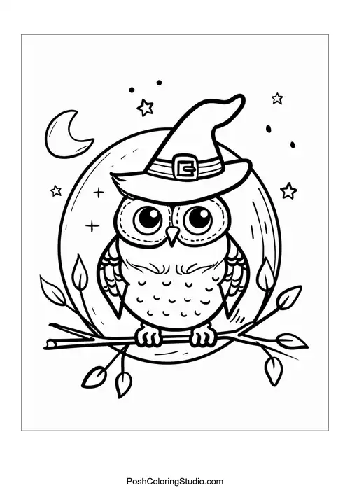 An owl with a pointed hat perched on a branch at night.
