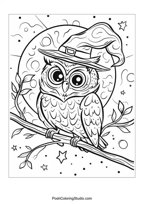 An owl with a witch's hat sitting on a branch with stars.