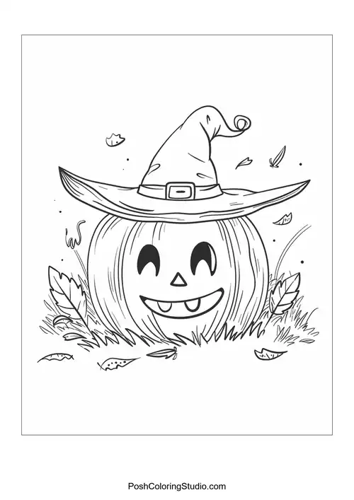 A smiling pumpkin wearing a witch's hat surrounded by leaves.