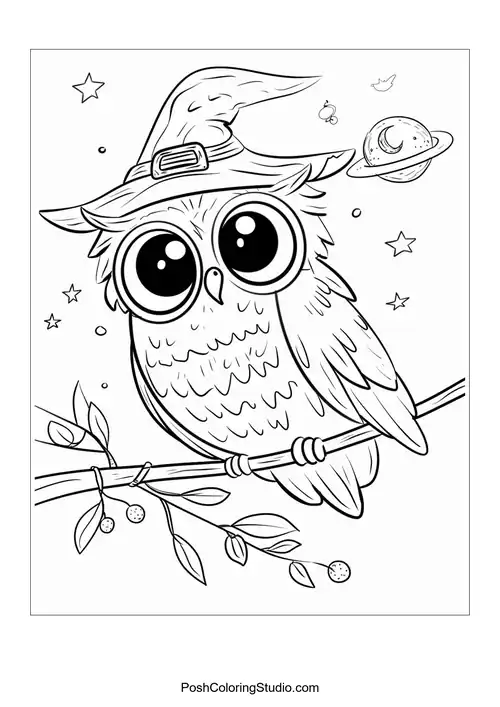 An owl with big eyes sitting on a branch under the moon.