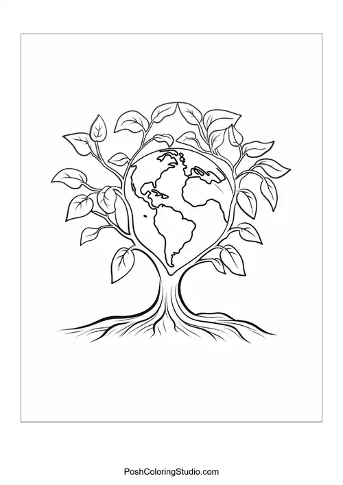 A circular design featuring a globe and flowers.