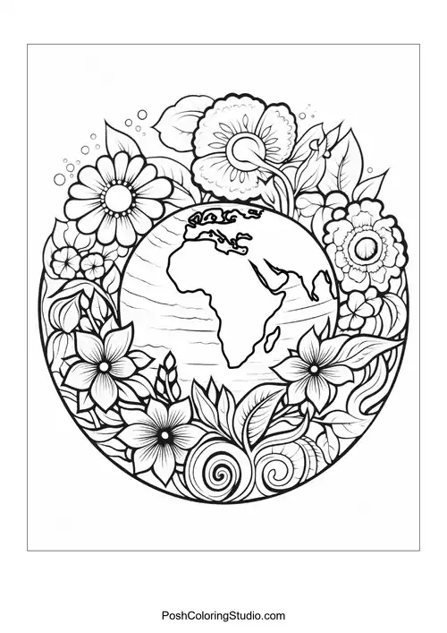 A globe with roots and leaves at its base.