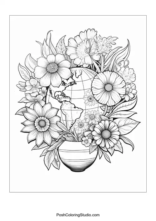 A globe with flowers and a tree trunk design.