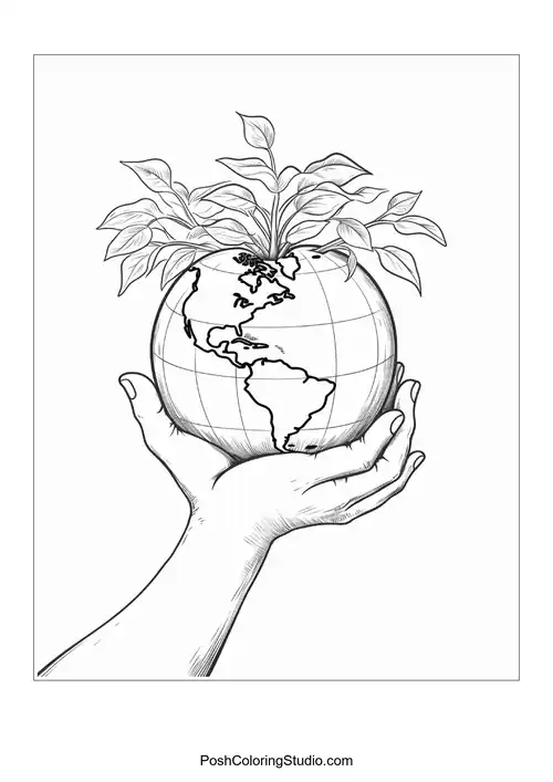A globe surrounded by flowers and leaves.