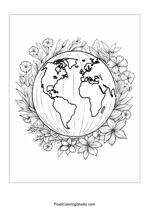 A globe held by two hands with leafy details.