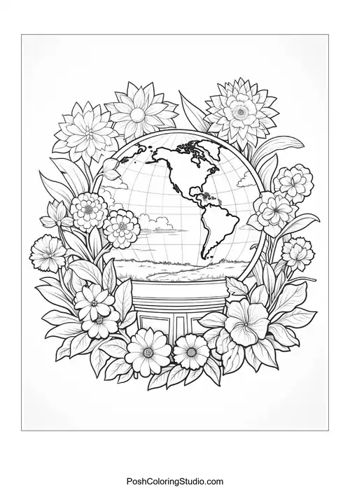 A globe with a tree and flowers in a circular design.