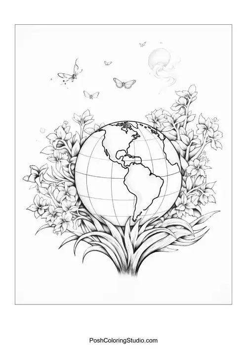 A globe surrounded by flowers and butterflies.