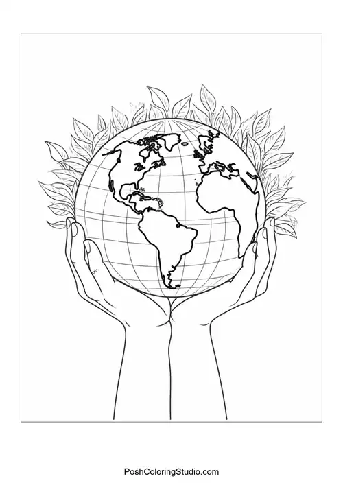 A globe with a tree and flowers in a circular frame.