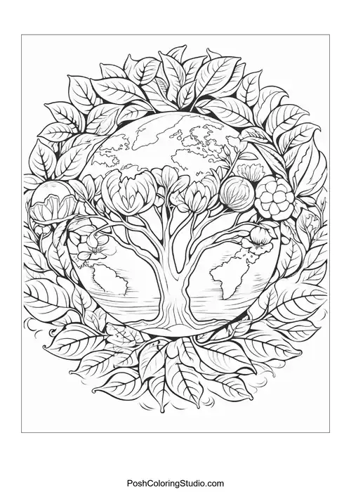 A globe with a tree and intricate leaf designs.