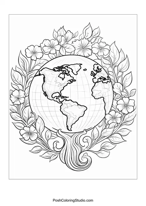 A globe surrounded by floral designs and leaves.
