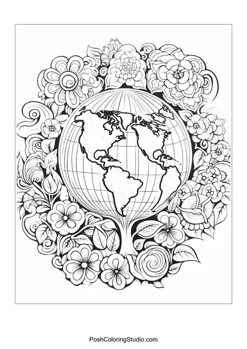 A globe surrounded by a variety of flowers.