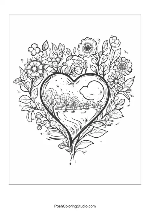 A heart shape filled with a landscape and flowers.