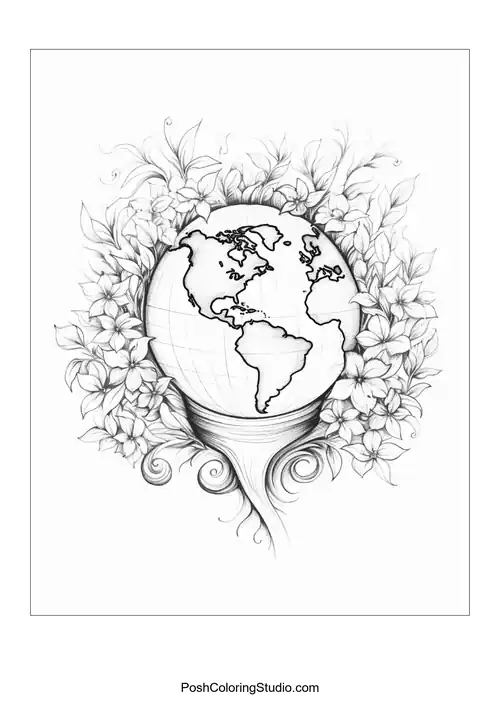 A globe surrounded by elegant floral designs.