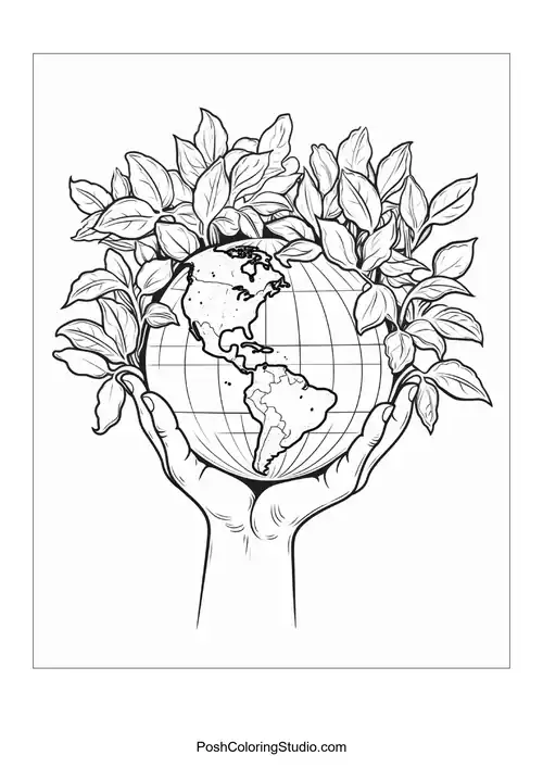 Hands cradling a globe surrounded by leaves.