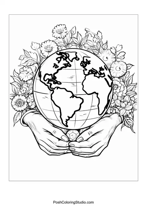 Hands holding a globe with flowers and a small stone.