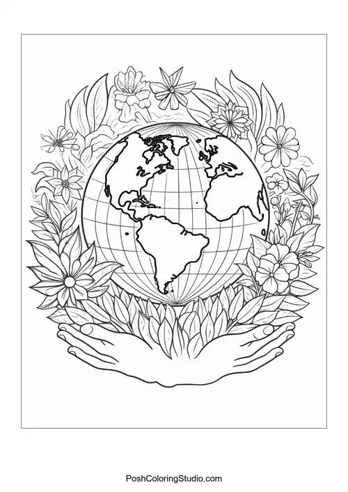 A globe surrounded by a variety of flowers and leaves.
