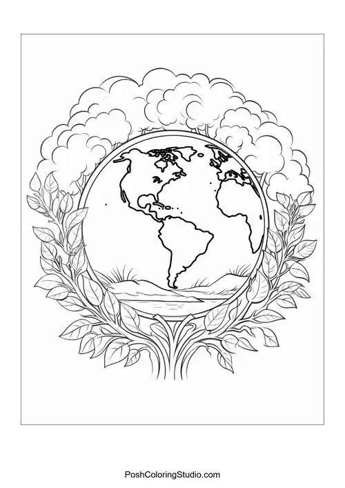 A globe framed by leafy branches and clouds.