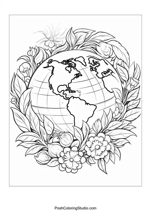 A globe surrounded by leaves and flowers.
