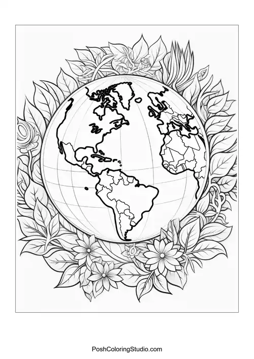 A tree with a heart shape containing a globe.
