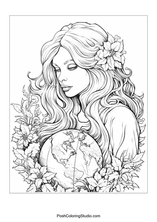 A globe held by hands with floral designs.